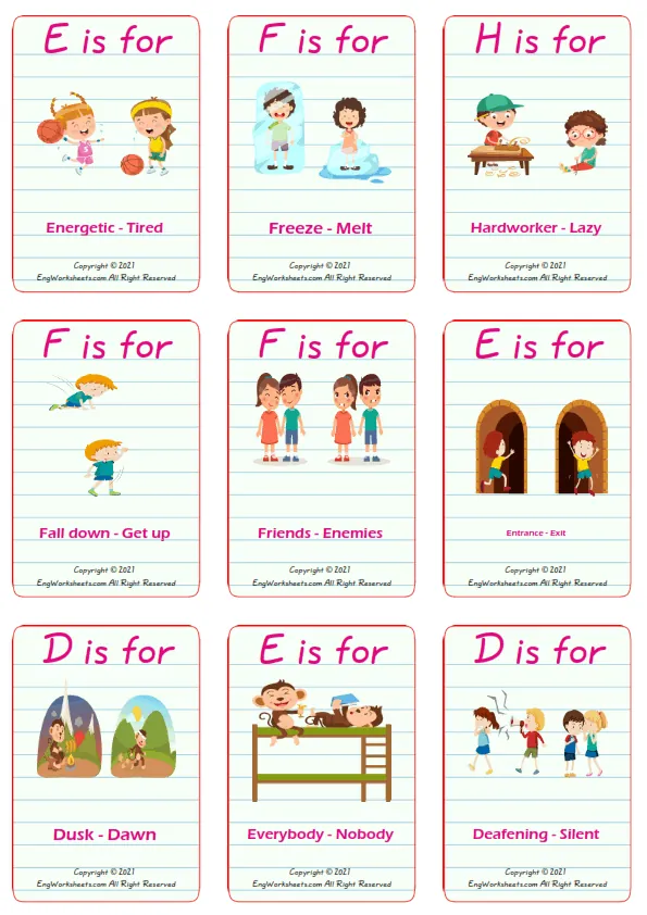Opposites vocabulary worksheet with words, nine images per page