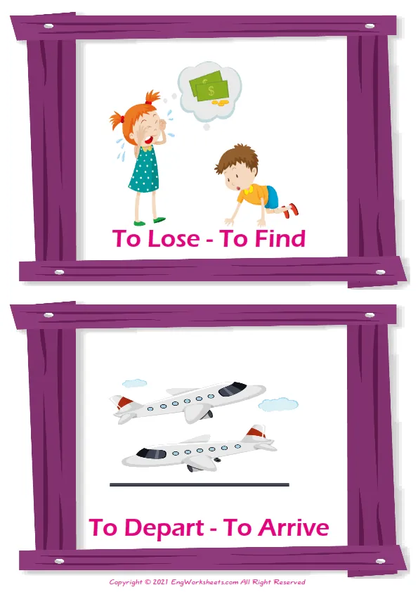 Opposites vocabulary worksheet with words, two images per page