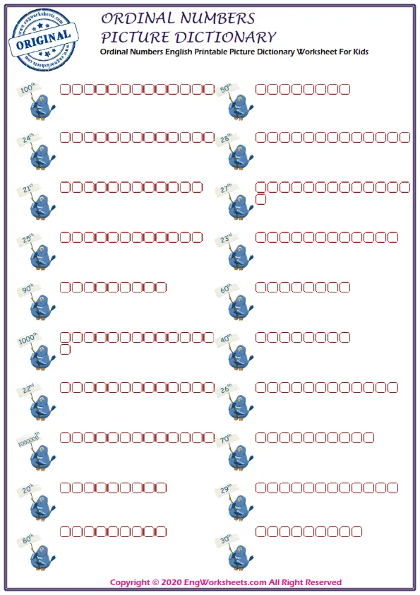 Ordinal Numbers English Printable Picture Dictionary Worksheet For Kids