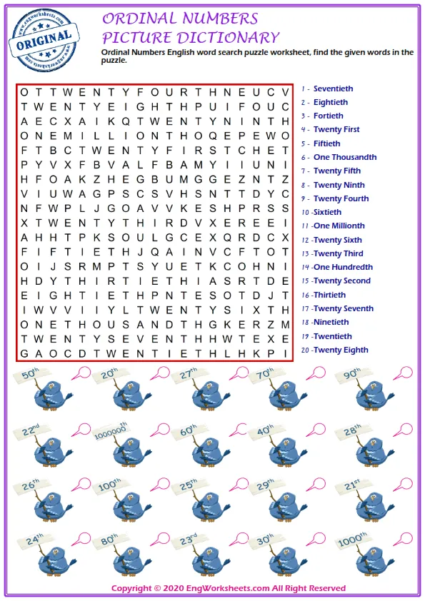 Ordinal Numbers English word search puzzle worksheet, find the given words in the puzzle.