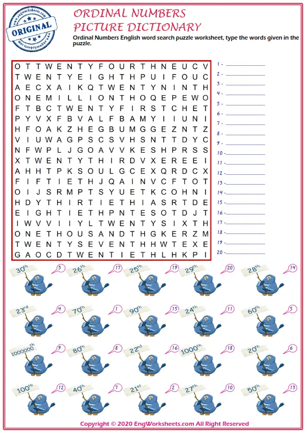 Ordinal Numbers English word search puzzle worksheet, type the words given in the puzzle.