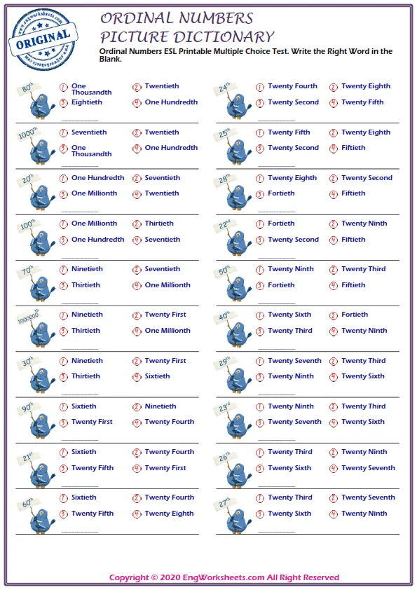 Ordinal Numbers ESL Printable Multiple Choice Test. Write the Right Word in the Blank.