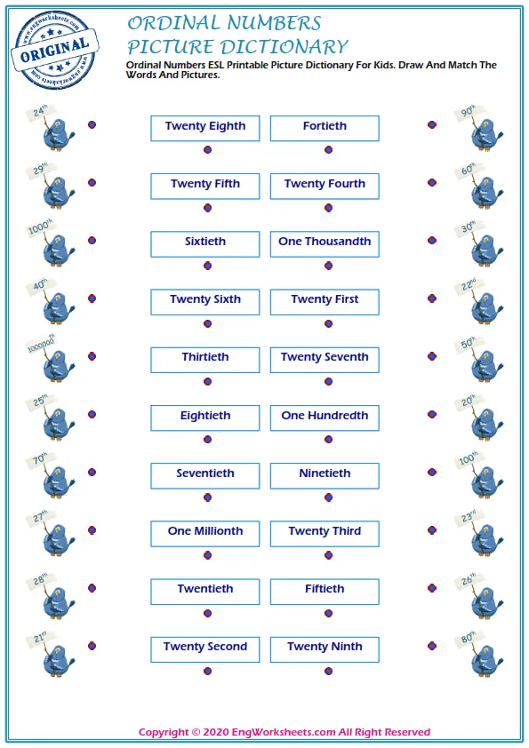 Ordinal Numbers ESL Printable Picture Dictionary For Kids. Draw And Match The Words And Pictures.
