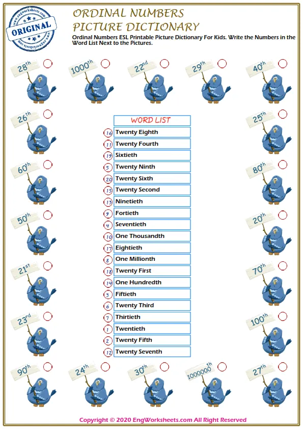 Ordinal Numbers ESL Printable Picture Dictionary For Kids. Write the Numbers in the Word List Next to the Pictures.