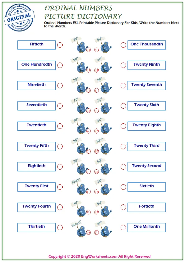 Ordinal Numbers ESL Printable Picture Dictionary For Kids. Write the Numbers Next to the Words.