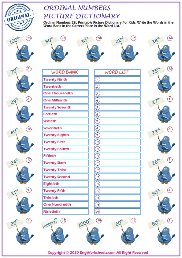 Ordinal Numbers ESL Printable Picture Dictionary For Kids. Write the Words in the Word Bank in the Correct Place in the Word List.