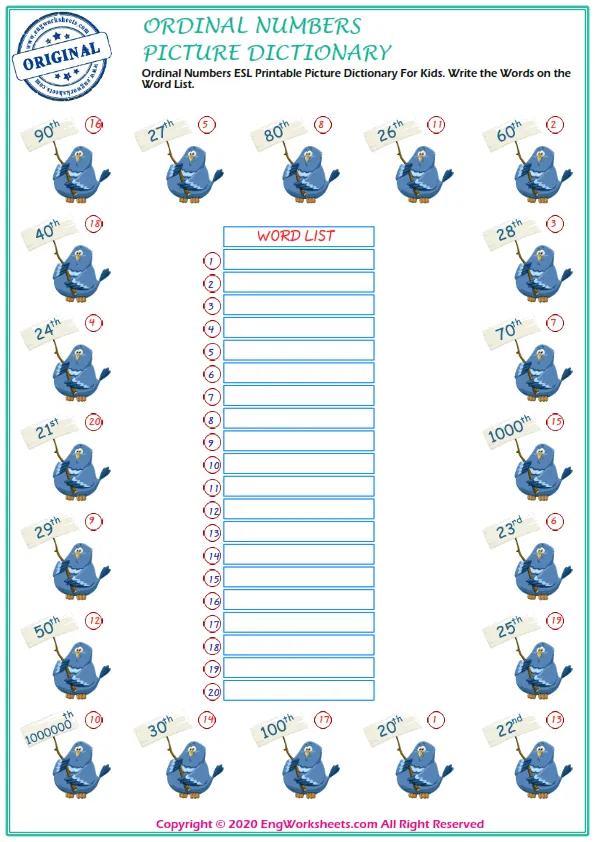 Ordinal Numbers ESL Printable Picture Dictionary For Kids. Write the Words on the Word List.