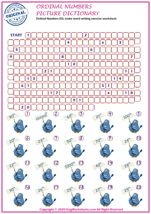Ordinal Numbers ESL snake word writing exercise worksheet.