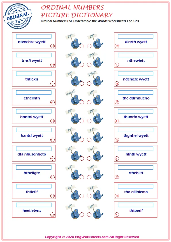Ordinal Numbers ESL Unscramble the Words Worksheets For Kids