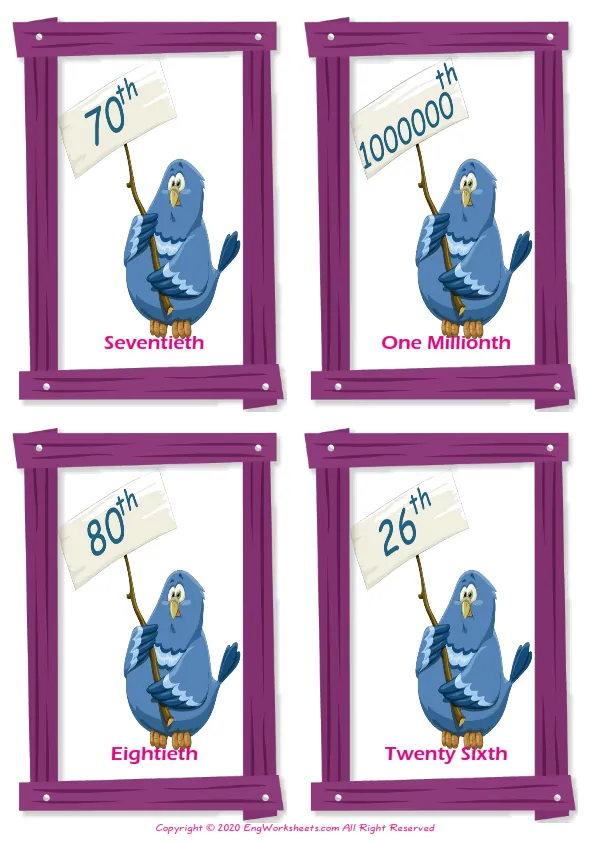 Ordinal Numbers vocabulary worksheet with words, four images per page