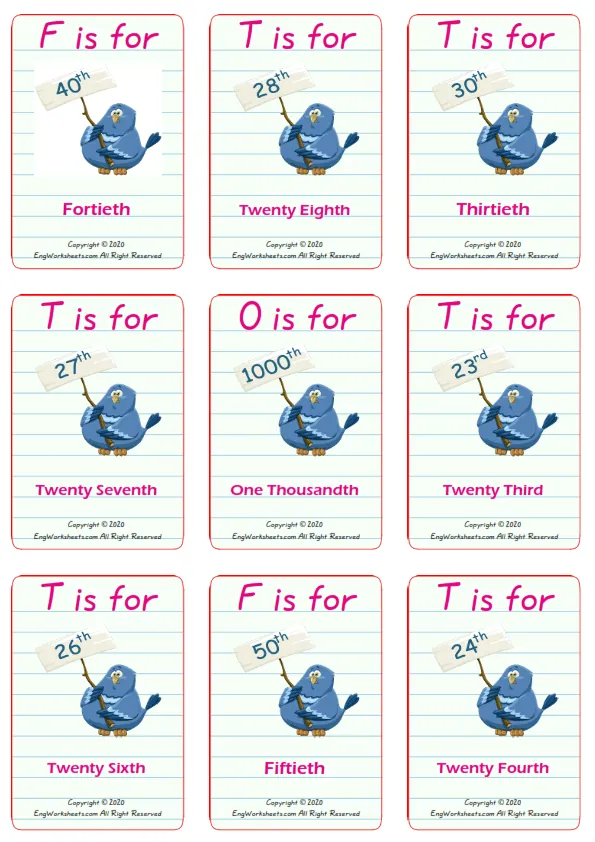 Ordinal Numbers vocabulary worksheet with words, nine images per page