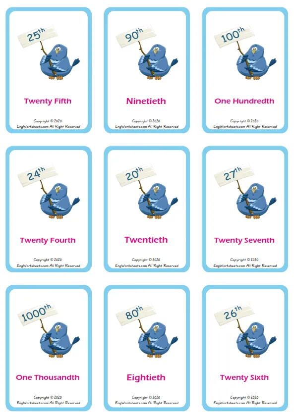 Ordinal Numbers vocabulary worksheet with words, nine images per page