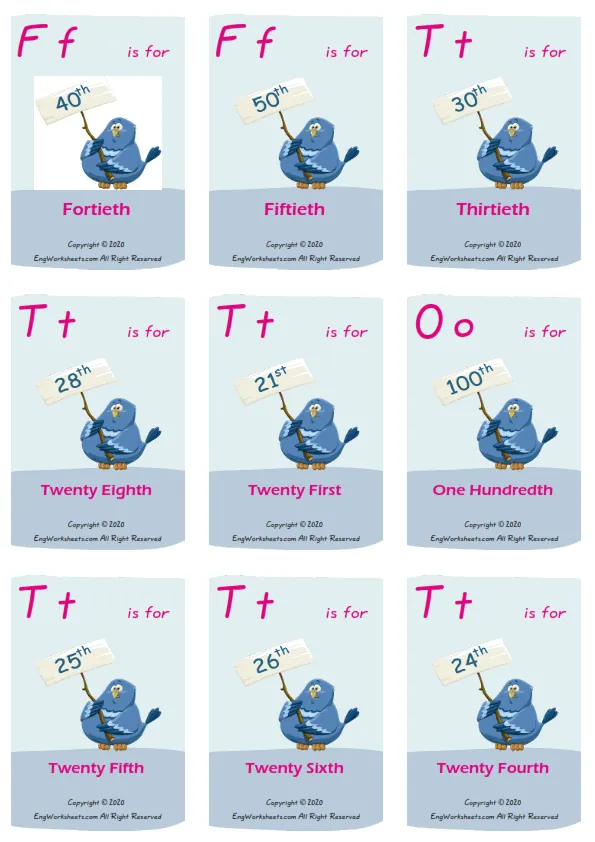 Ordinal Numbers vocabulary worksheet with words, nine images per page