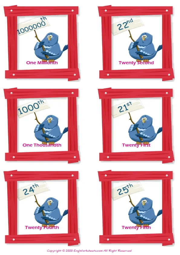 Ordinal Numbers vocabulary worksheet with words, six images per page