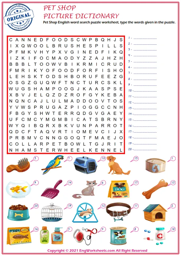 Pet Shop English word search puzzle worksheet, type the words given in the puzzle.