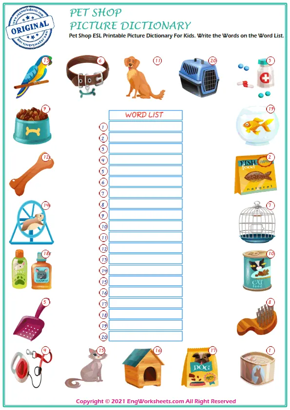 Pet Shop ESL Printable Picture Dictionary For Kids. Write the Words on the Word List.