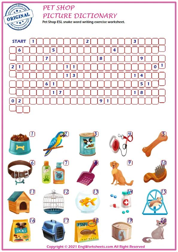 Pet Shop ESL snake word writing exercise worksheet.