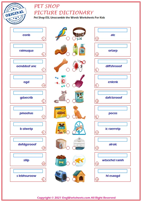 Pet Shop ESL Unscramble the Words Worksheets For Kids