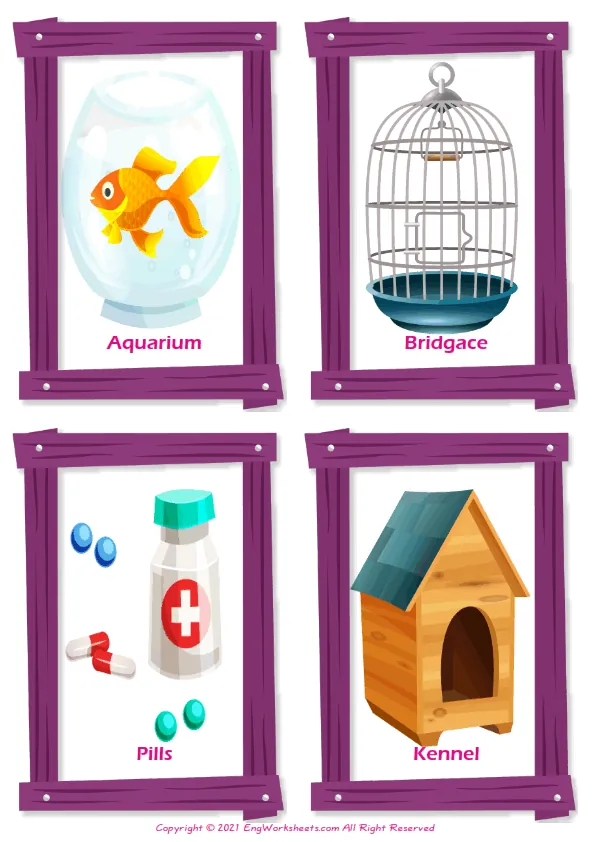 Pet Shop vocabulary worksheet with words, four images per page
