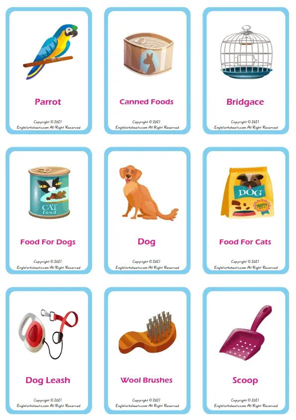 Pet Shop vocabulary worksheet with words, nine images per page