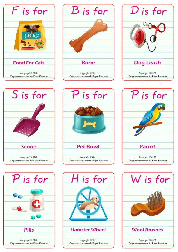 Pet Shop vocabulary worksheet with words, nine images per page