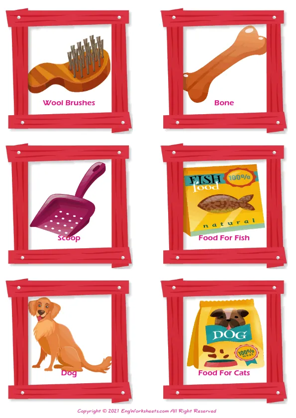 Pet Shop vocabulary worksheet with words, six images per page