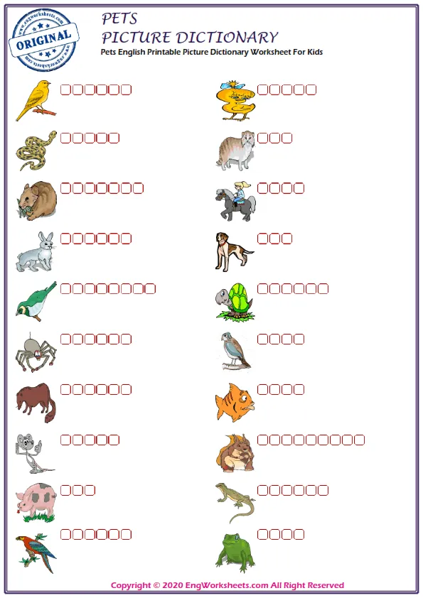 Pets English Printable Picture Dictionary Worksheet For Kids