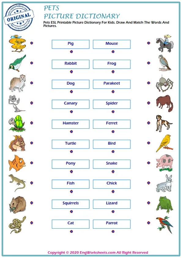 Pets ESL Printable Picture Dictionary For Kids. Draw And Match The Words And Pictures.