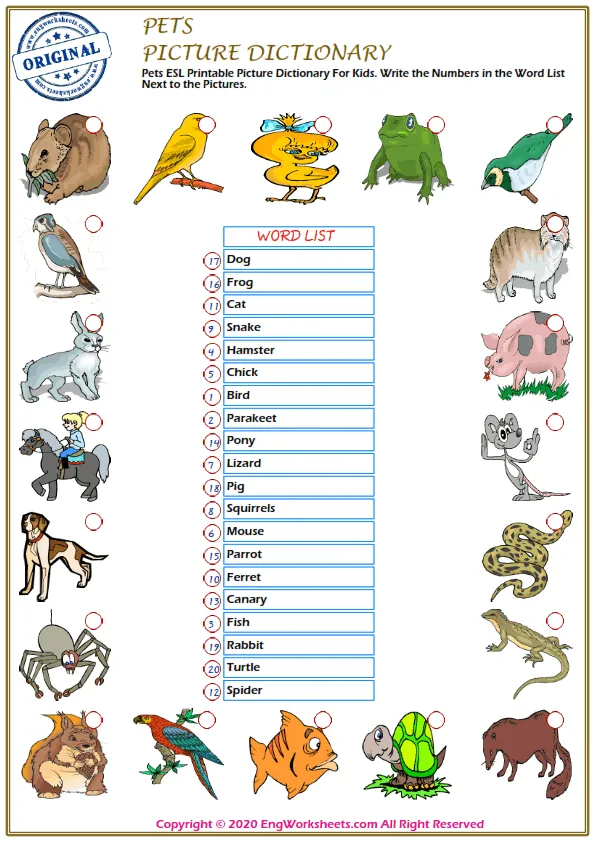 Pets ESL Printable Picture Dictionary For Kids. Write the Numbers in the Word List Next to the Pictures.