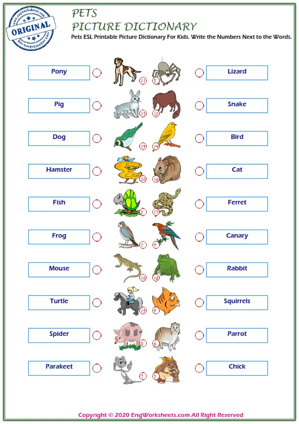 Pets ESL Printable Picture Dictionary For Kids. Write the Numbers Next to the Words.