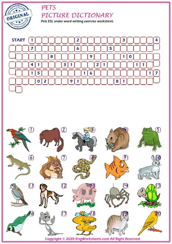 Pets ESL snake word writing exercise worksheet.