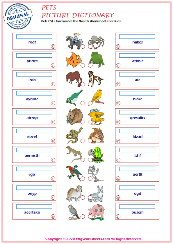 Pets ESL Unscramble the Words Worksheets For Kids
