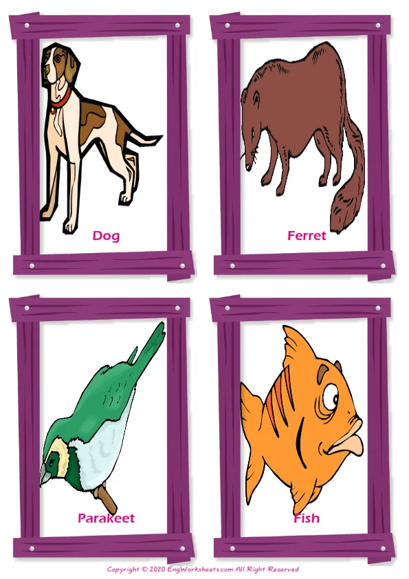 Pets vocabulary worksheet with words, four images per page