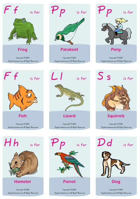 Pets vocabulary worksheet with words, nine images per page