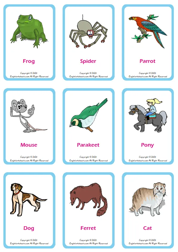 Pets vocabulary worksheet with words, nine images per page
