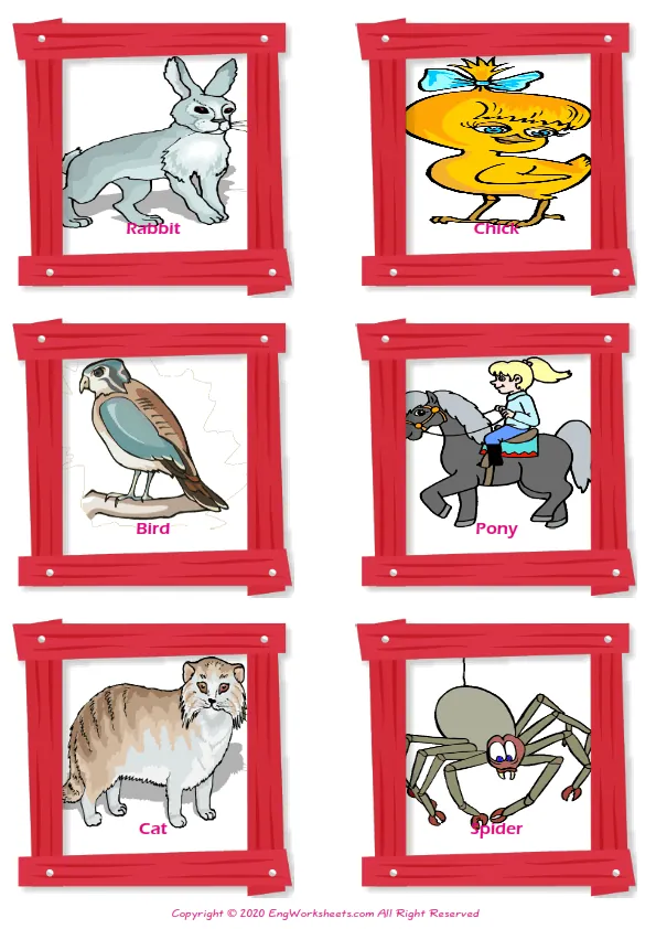 Pets vocabulary worksheet with words, six images per page