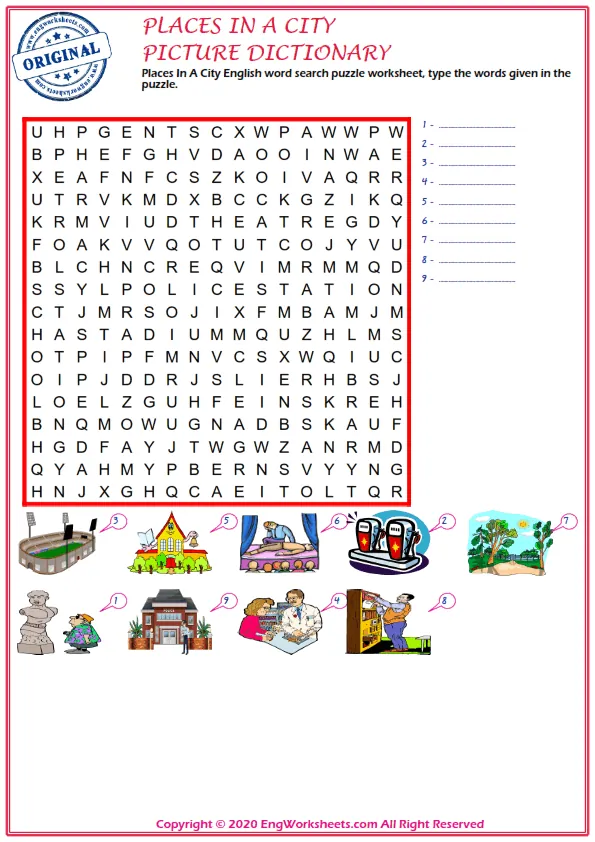 Places In A City English word search puzzle worksheet, type the words given in the puzzle.