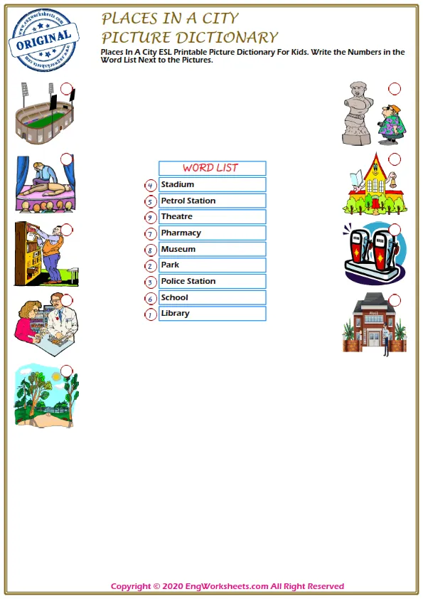 Places In A City ESL Printable Picture Dictionary For Kids. Write the Numbers in the Word List Next to the Pictures.
