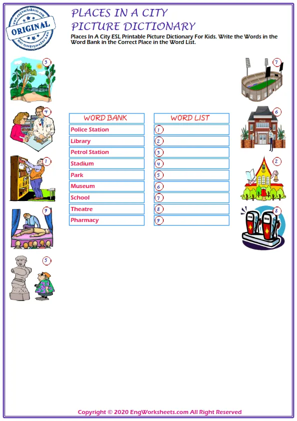 Places In A City ESL Printable Picture Dictionary For Kids. Write the Words in the Word Bank in the Correct Place in the Word List.