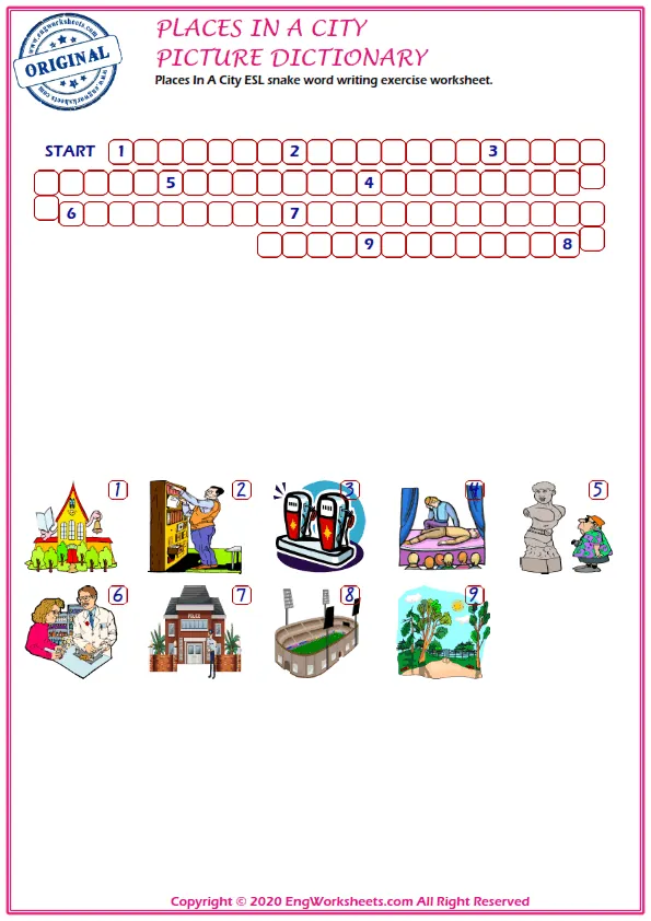 Places In A City ESL snake word writing exercise worksheet.