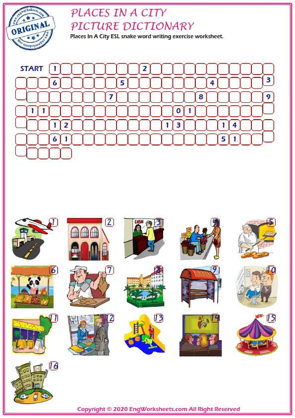 Places In A City ESL snake word writing exercise worksheet.