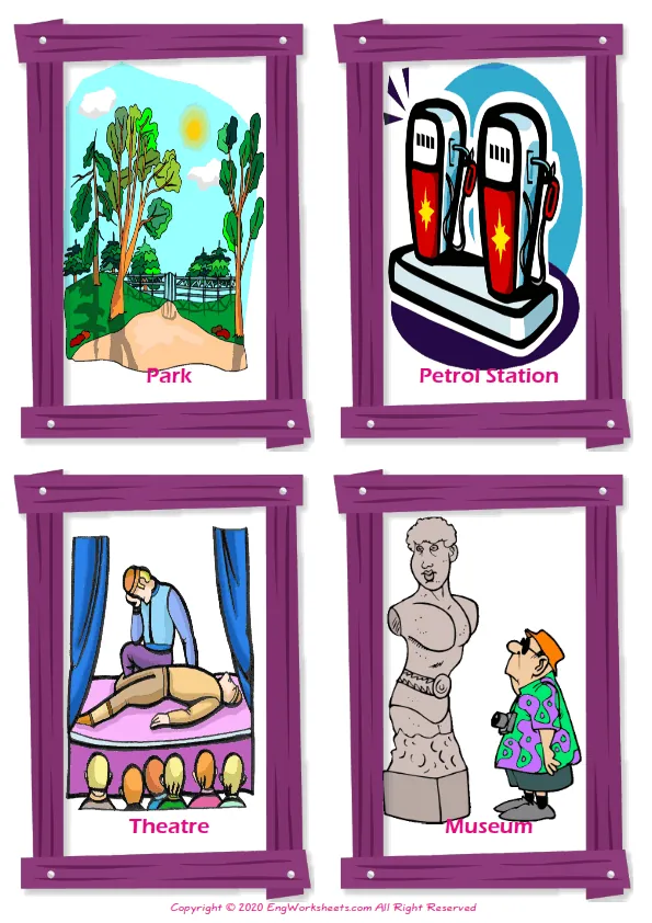 Places In A City vocabulary worksheet with words, four images per page