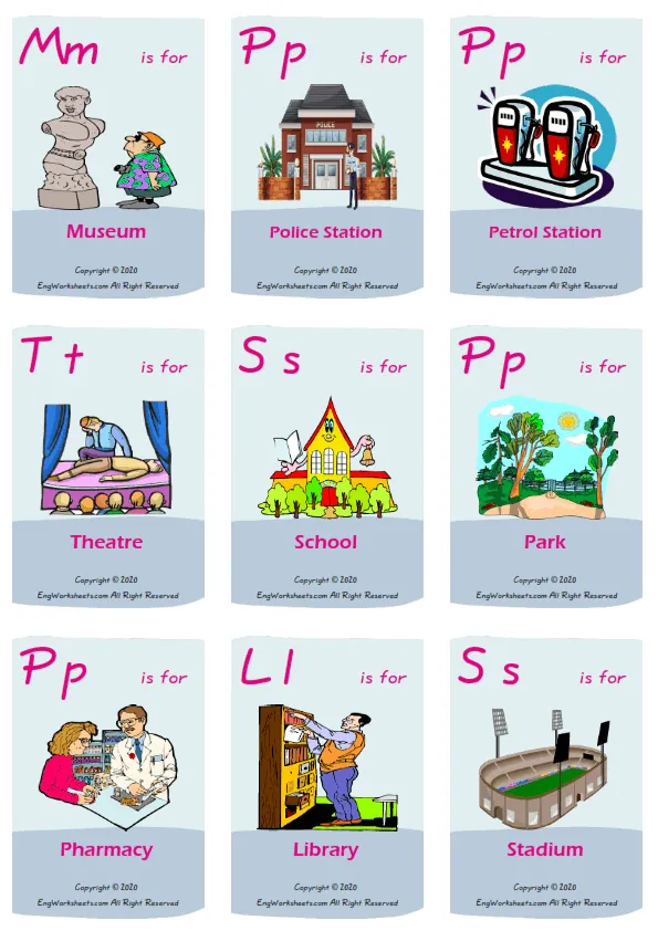 Places In A City vocabulary worksheet with words, nine images per page