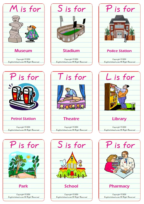 Places In A City vocabulary worksheet with words, nine images per page