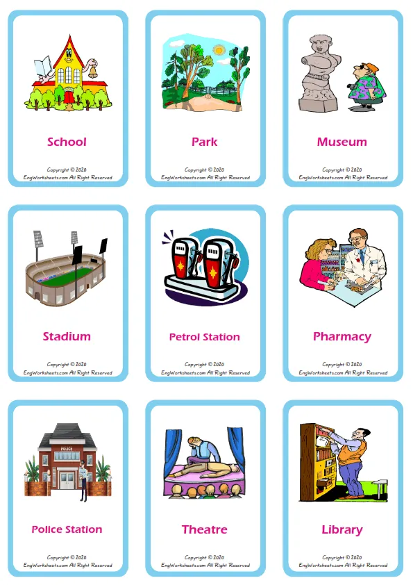 Places In A City vocabulary worksheet with words, nine images per page