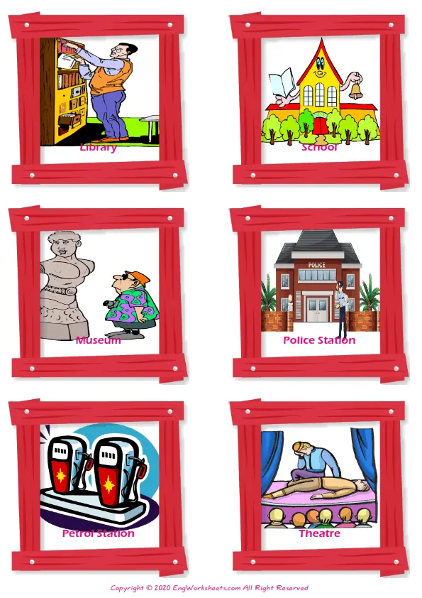 Places In A City vocabulary worksheet with words, six images per page