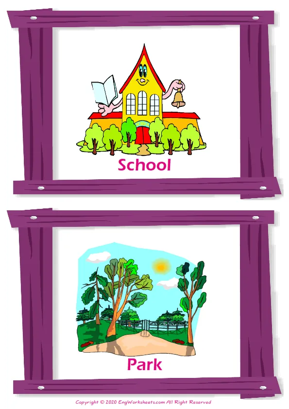 Places In A City vocabulary worksheet with words, two images per page
