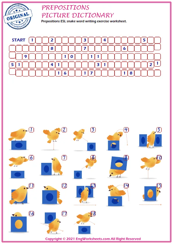 Prepositions ESL snake word writing exercise worksheet.