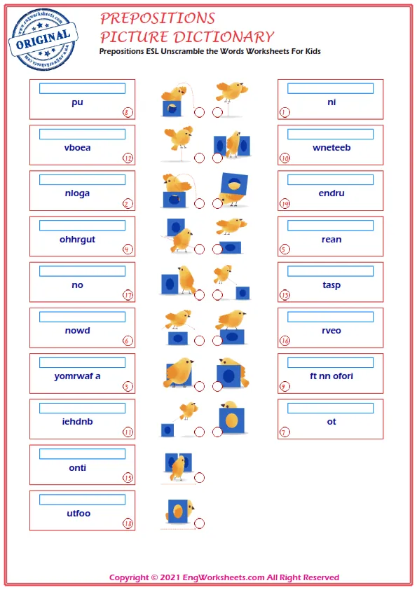 Prepositions ESL Unscramble the Words Worksheets For Kids