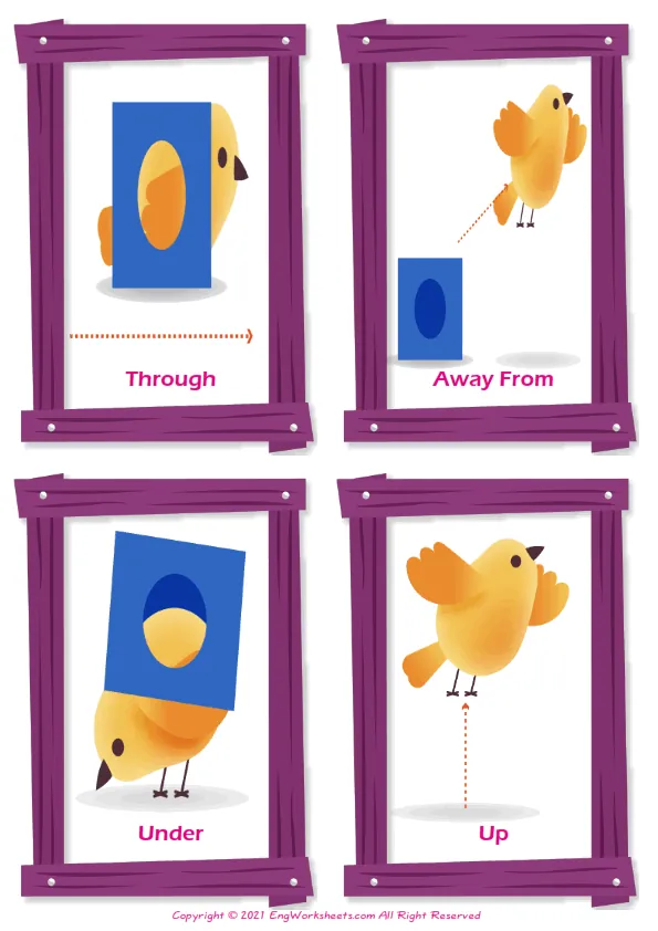 Prepositions vocabulary worksheet with words, four images per page